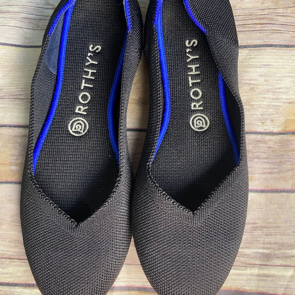 Rothy's The Flat Black Solid Ballet Flats Blue Halo Royal Trim Women's Size 9